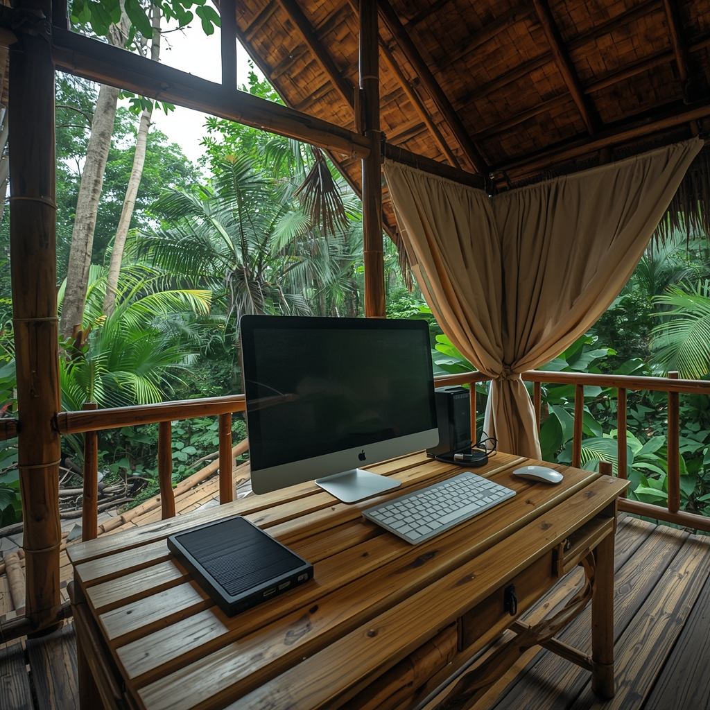 A portable workstation setup on a sustainable bamboo table in an open-air tropical jungle bungalow. A solar power bank and a minimalist white keyboard are visible. No people. Hyper-realistic, 8k.
